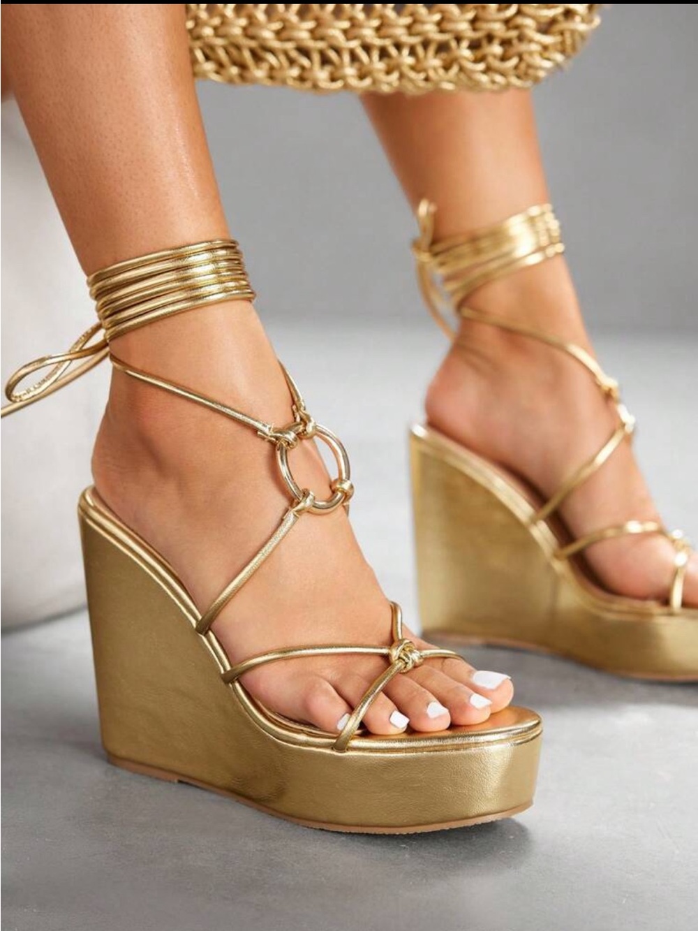 Gold Strappy Wedge Sandals with Ankle Wrap